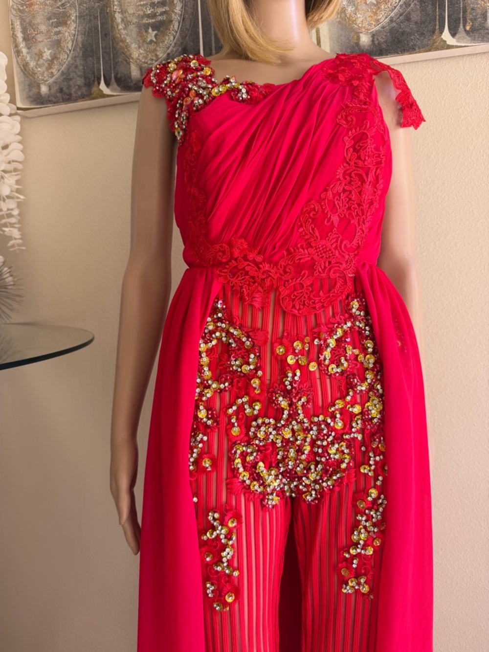 Red Embellished Sheer Panel Jumpsuit - Picture 4 of 6